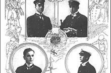 Les premiers marins canadiens victimes de la guerre : les quatre aspirants de marine embarqués sur le HMS Good Hope qui périrent avec le bâtiment à la bataille de Coronel, le 1er novembre 1914.