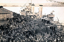 The commissioning of HMCS Fraser at Chatham, United Kingdom, on her transfer from the Royal Navy, 17 February 1937.