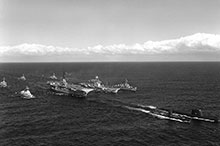The fleet that wasn’t: this June 1961 view of a combined USN-RCN Task Force has much of the navy’s ambition on display, including in the right foreground a nuclear attack submarine (USS Triton) and, in the second line to left of Bonaventure, the carrier USS Essex.