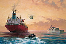 John Horton, Operation Apollo, shows a Canadian boarding party approaching a merchant tanker to search for material or activity indicating the presence of terrorists onboard.