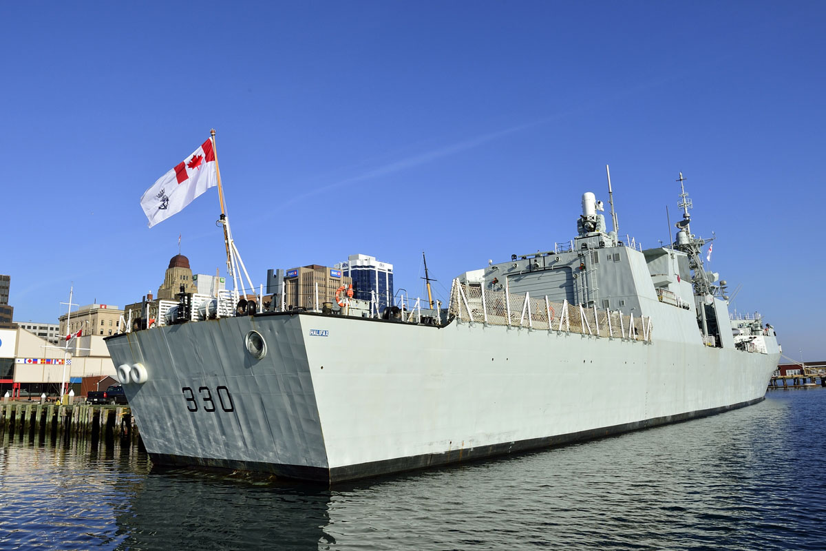 HMCS Halifax flies the Canadian Naval Ensign
