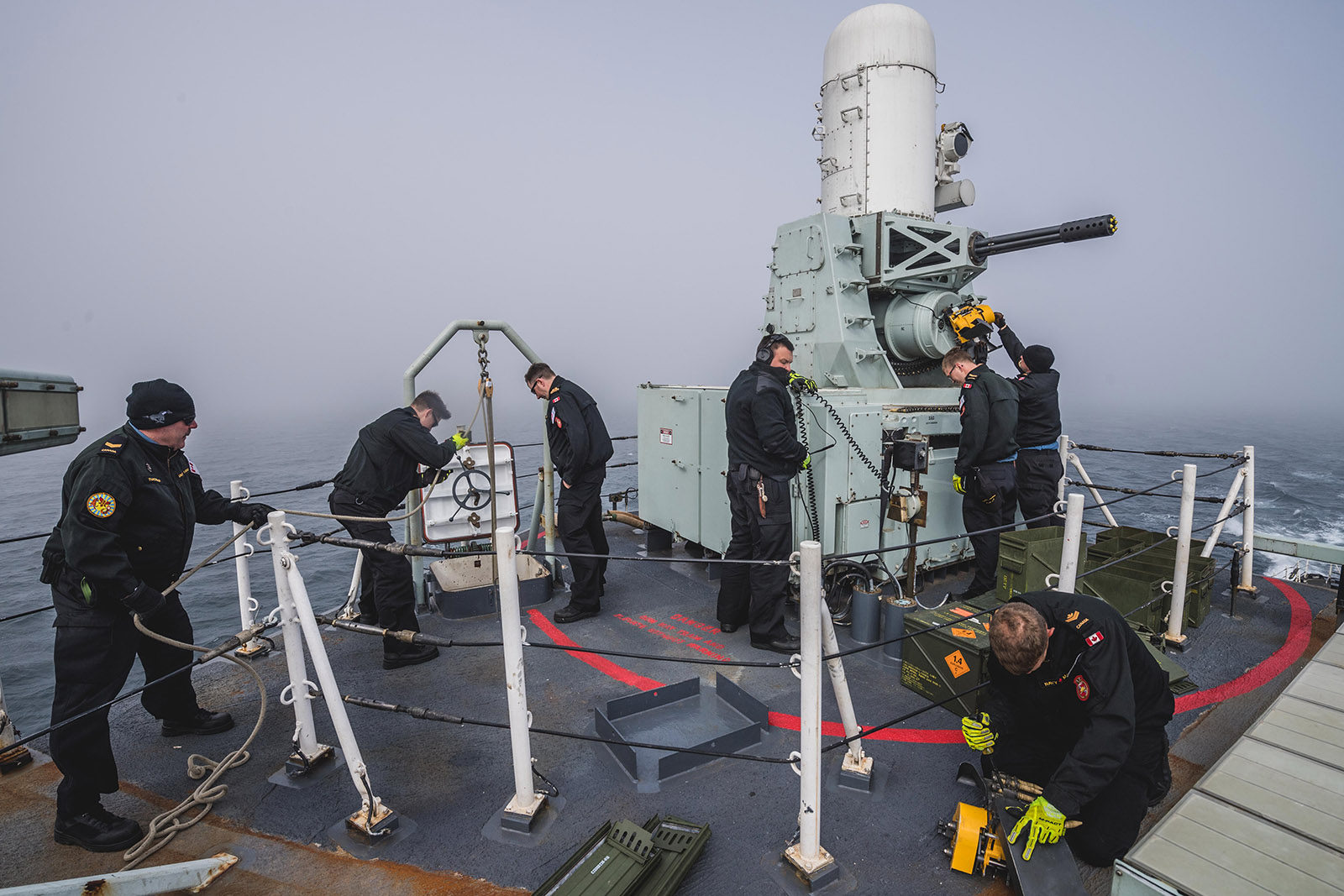 The Combat Systems Engineering department loads the Close-In Weapons System onboard HMCS Ottawa who is deployed on OPERATIONS PROJECTION and NEON on August 13 2019.